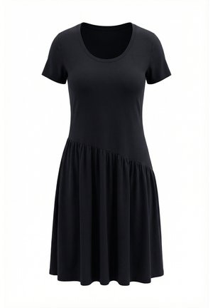 Vestito nero a maniche corte con scollo rotondo e dettaglio di gonna asimmetrica arricciata.
