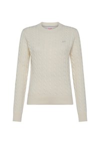 Maglione a trecce color crema con scollatura rotonda, maniche lunghe e polsini a costine. Presenta un piccolo logo sul petto. Texture morbida.