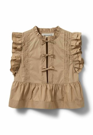 Beige mouwloze blouse met gerimpelde mouwen, drie strikjes aan de voorkant, verticale plooien, een geplooide zoom en een ronde gerimpelde halslijn.