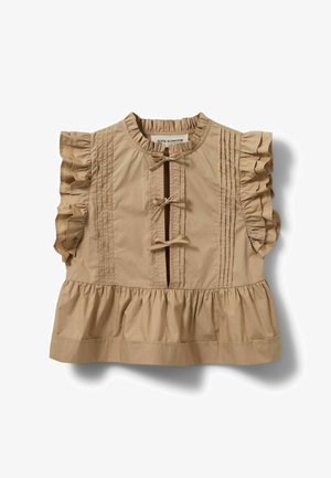 Beige ärmellose Bluse mit Rüschenärmeln, drei vorderen Schleifen, vertikalen Falten, gerafftem Saum und rundem gerüschtem Ausschnitt.