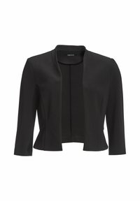 Czarna, krótka kurtka wykonana z gładkiego materiału. Posiada okrągły dekolt, długie rękawy oraz otwarty fason z przodu. Brak widocznych zapięć.