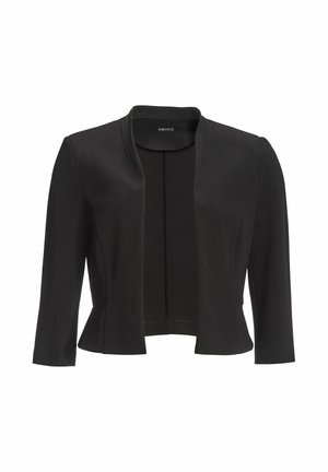 Giacca nera cropped realizzata in tessuto morbido. Presenta un colletto rotondo, maniche lunghe e un design aperto sul davanti. Senza chiusure visibili.