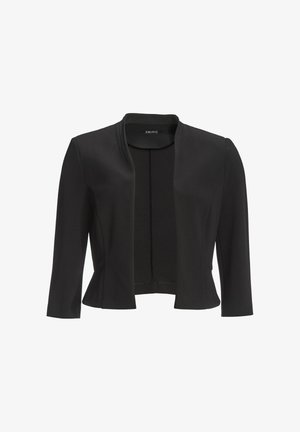 Giacca nera cropped realizzata in tessuto morbido. Presenta un colletto rotondo, maniche lunghe e un design aperto sul davanti. Senza chiusure visibili.