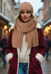 Unge kvinde iført beige strikhue og tørklæde, bordeauxfarvet frakke med hvid pelskant, som står på en bygade med slørede lyskilder og mennesker i baggrunden.