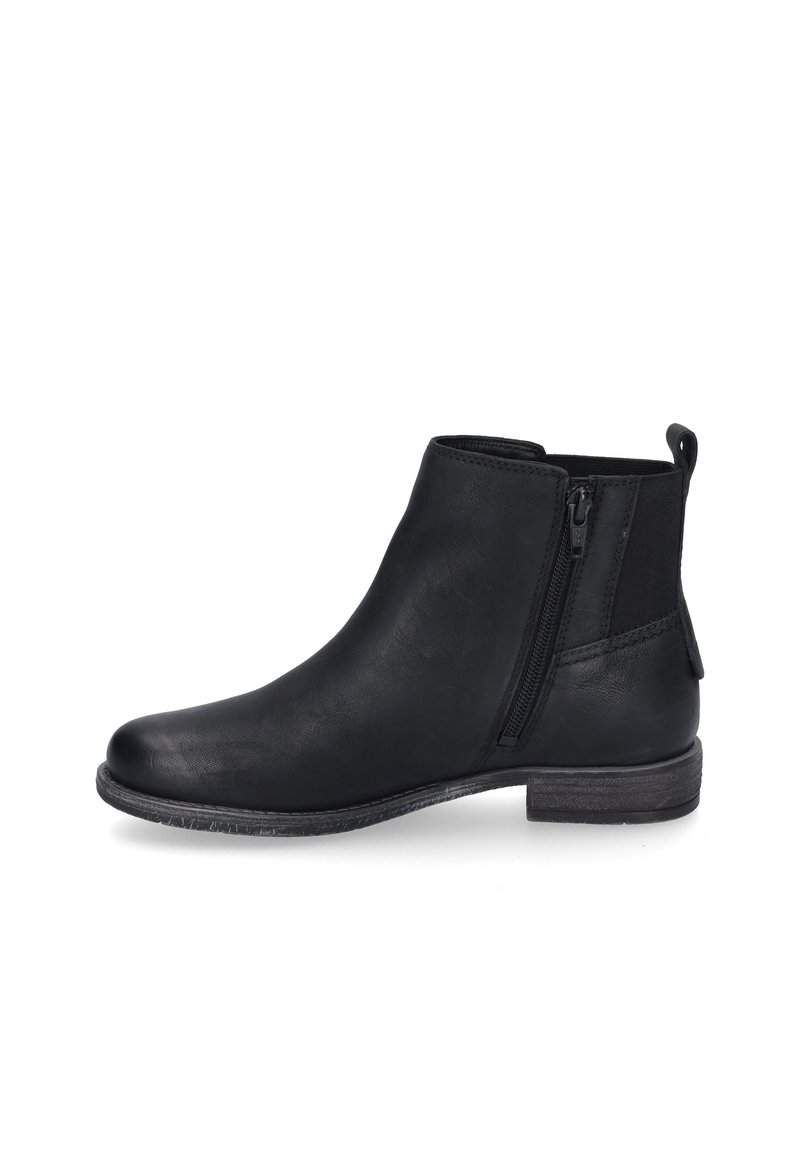 Botines negros de tobillo, hechos de material sintético suave, con cremallera lateral, tacón bajo y detalles elásticos para un ajuste ceñido.