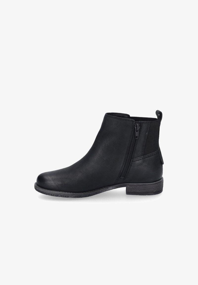 Czarne botki na kostkę wykonane z gładkiego materiału syntetycznego, z bocznym zamkiem błyskawicznym, niskim obcasem oraz elastycznymi akcentami zapewniającymi dopasowanie.