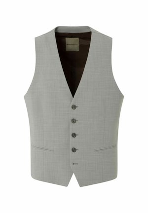 Lichtgrijze gilet met een v-hals ontwerp, vijf knoopsluiting, twee voorzakken en een gladde textuur. Bruine binnenvoering zichtbaar.