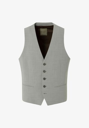 Lichtgrijze gilet met een v-hals ontwerp, vijf knoopsluiting, twee voorzakken en een gladde textuur. Bruine binnenvoering zichtbaar.