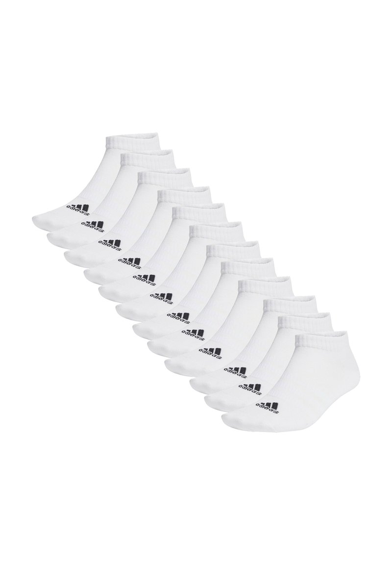 Calcetines blancos hasta el tobillo en un paquete de doce, con un puño acanalado y detalle de logo negro, fabricados con un tejido suave y transpirable para mayor comodidad.