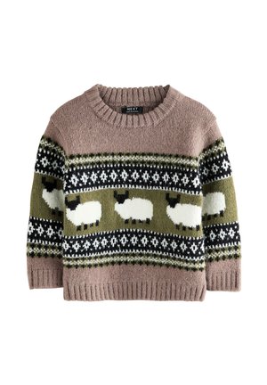 Pletený sveter v bledoružovej farbe s okrúhlym výstrihom. Čierny a zelený horizontálny pás s bielym vzorom oviec a dekoratívnymi prvkami.