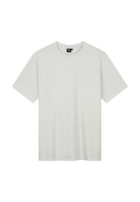 Lichtgrijze t-shirt met korte mouwen van katoen, met een ronde halslijn en een subtiel reliëf logo op de linkerkant van de borst.