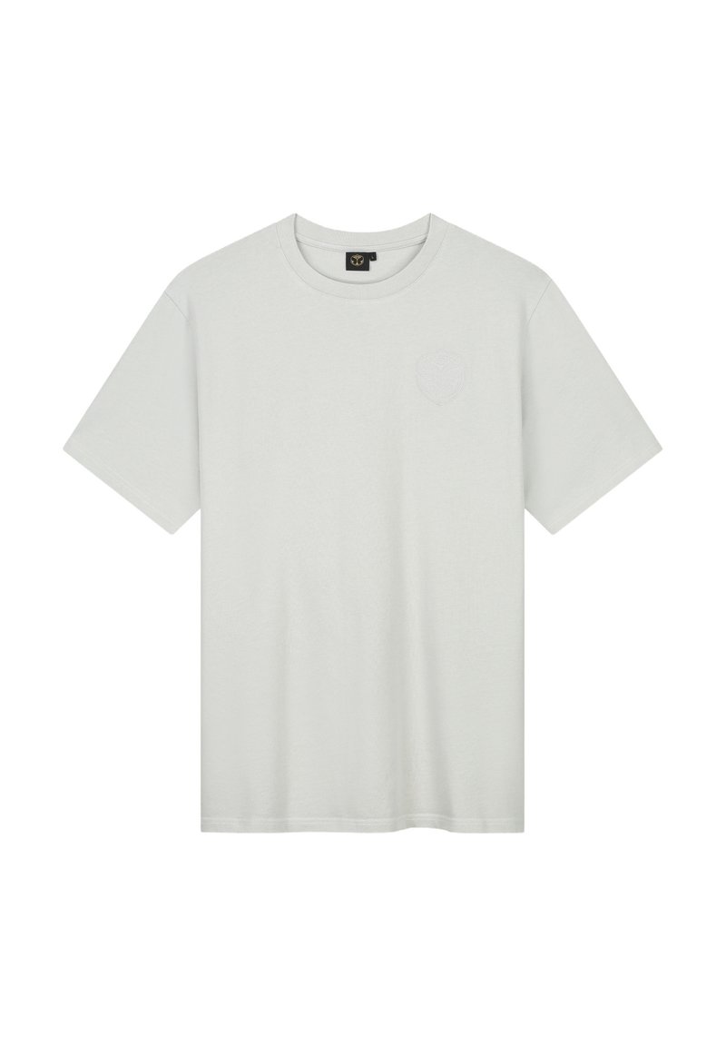 Lichtgrijze t-shirt met korte mouwen van katoen, met een ronde halslijn en een subtiel reliëf logo op de linkerkant van de borst.