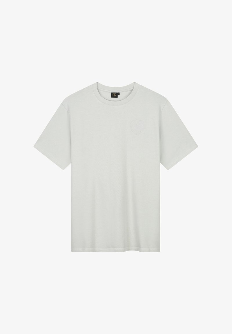 Lichtgrijze t-shirt met korte mouwen van katoen, met een ronde halslijn en een subtiel reliëf logo op de linkerkant van de borst.