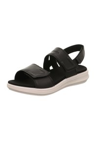 Schwarze Ledersandalen mit verstellbaren Riemen, Offene Zehen und einer weißen gepolsterten Sohle. Verfügt über ein schlankes Design mit minimalistischen Akzenten.