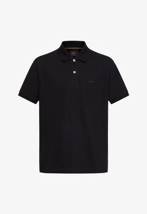 Črna polo majica iz bombaža s klasičnim ovratnikom, zapenjanjem na dva gumba, kratkimi rokavi in majhno oznako blagovne znamke na levi strani.