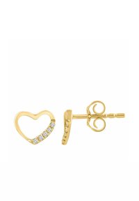 Kullast südamekujulised kõrvarõngad, mille ühel küljel säravad kivid ja millel on keeratud postitamine, et tagada turvaline kandmine.