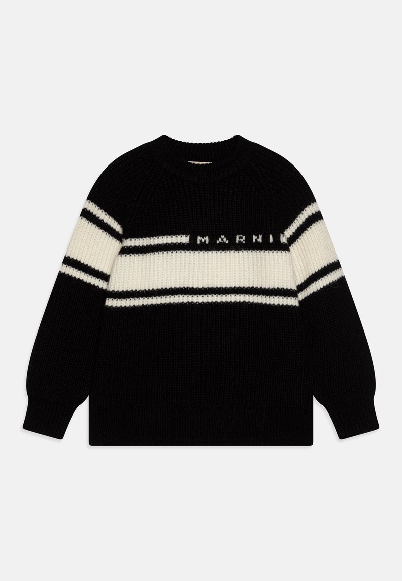 Μαύρος και κρεμ πουλόβερ πλεκτό με ραβδωτή υφή, διαθέτει οριζόντιες ρίγες και το όνομα της μάρκας "Marni" στο κέντρο.