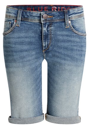 Denimshorts med opkippet kant, frontknap og lynlås, bæltestropper og falmet blå vask.