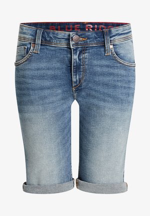 Denimshorts met opgerolde zoom, knoop en rits aan de voorkant, riemlussen en een vervaagde blauwe wassing.