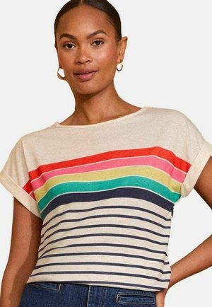 Kortærmet T-shirt i beige med multicolore vandrette striber og mørkeblå vandrette linjer i bunden. Blødt, let stof.