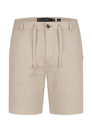 Beżowe szorty wykonane z teksturowanej tkaniny w wzór herringbone, z elastycznym paskiem z troczkiem oraz zapięciem na guzik z przodu.