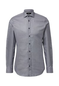 Lange mouwen knoopshirt in blauwgrijze stof met een gestructureerd patroon en donkere knopen, met een puntige kraag en een rechte zoom.