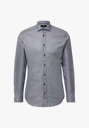 Lange mouwen knoopshirt in blauwgrijze stof met een gestructureerd patroon en donkere knopen, met een puntige kraag en een rechte zoom.