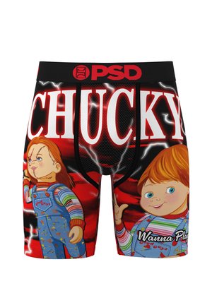 Herren-Boxershorts in Schwarz und Rot mit den Cartoonfiguren Chucky und einem Kind. Text lautet "CHUCKY" und "Wanna Play?". Elastischer Stoff.