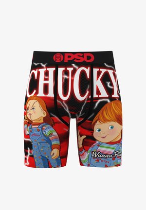 Men's boxer briefs in black and red featuring cartoon characters Chucky and a child. Text reads "CHUCKY" and "Wanna Play?". Stretchy fabric.
