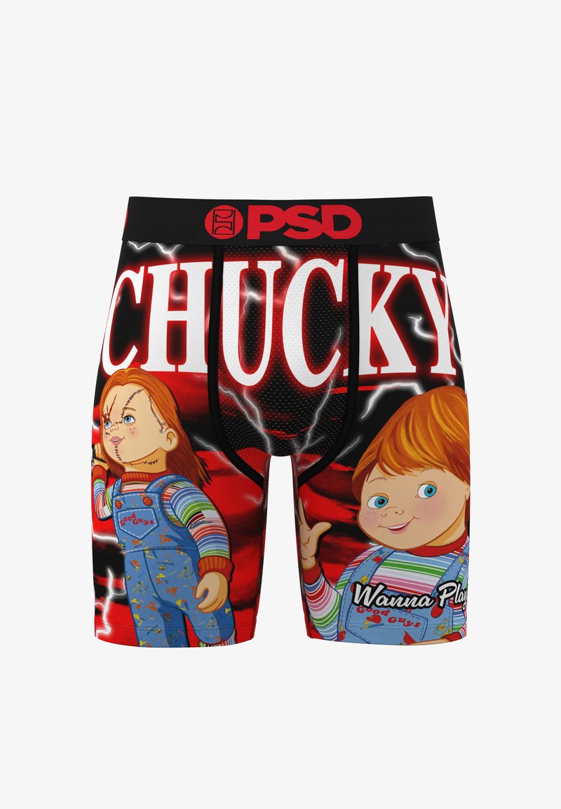 Herren-Boxershorts in Schwarz und Rot mit den Cartoonfiguren Chucky und einem Kind. Text lautet "CHUCKY" und "Wanna Play?". Elastischer Stoff.