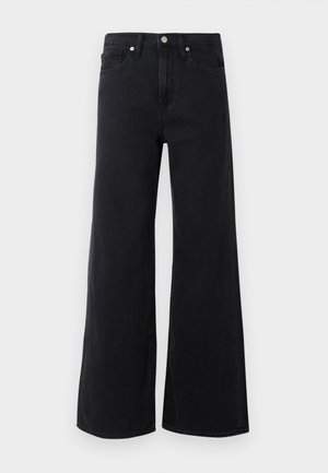 Jeans noirs à jambes larges en denim, présentant un design classique à cinq poches, un bouton de fermeture et des détails de couture subtils.