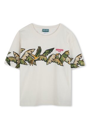 Cream-colored t-shirt made of cotton, featuring a multicolored tropical bird and leaf pattern, with "KENZO PARIS" in red. Round neckline.