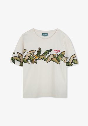 T-shirt crème en coton, avec un motif de oiseau tropical multicolore et de feuilles, portant "KENZO PARIS" en rouge. Encolure ronde.