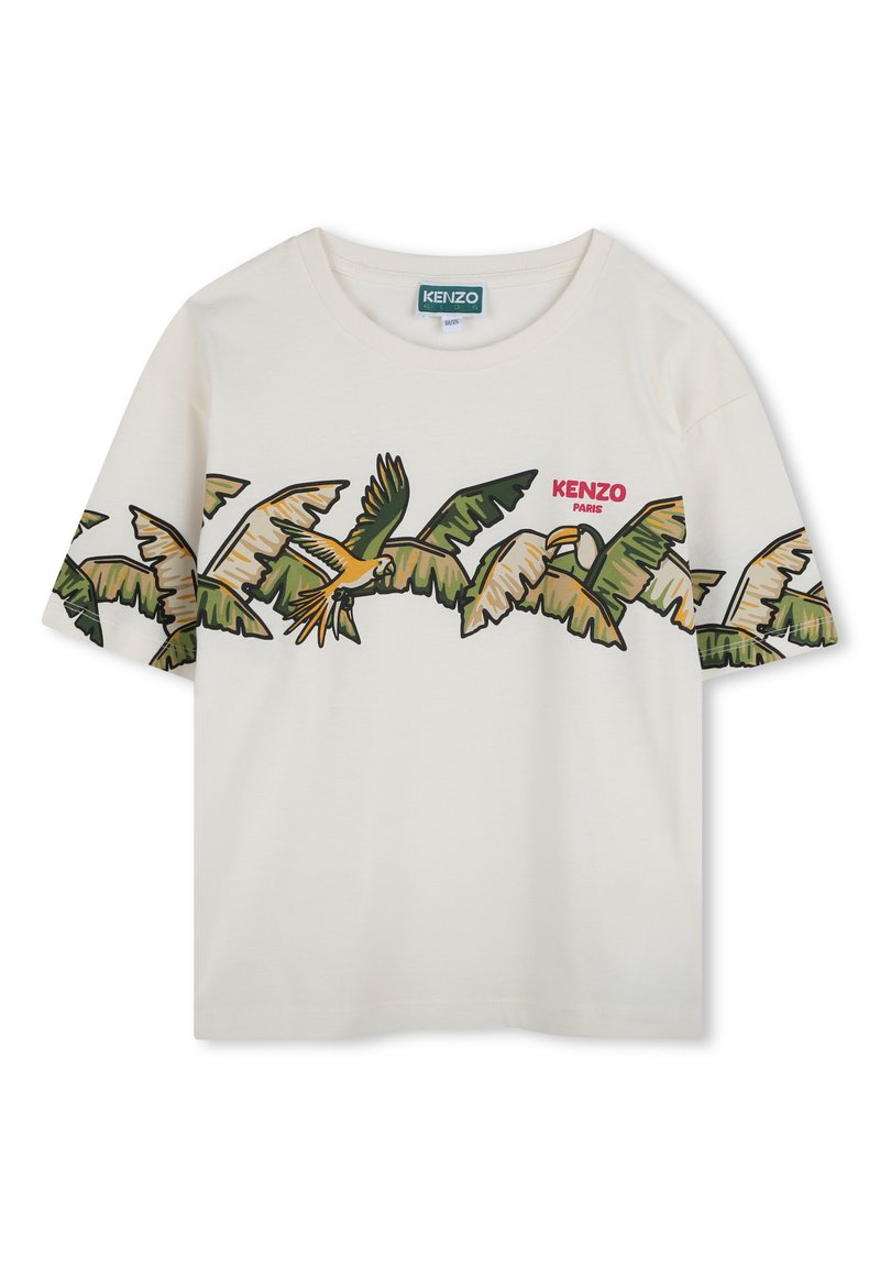 T-shirt crème en coton, avec un motif de oiseau tropical multicolore et de feuilles, portant "KENZO PARIS" en rouge. Encolure ronde.