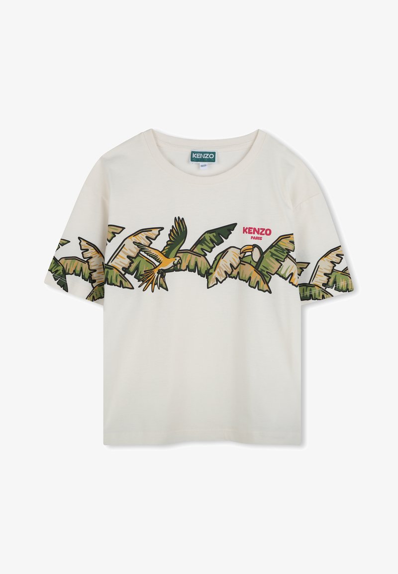 T-shirt crème en coton, avec un motif de oiseau tropical multicolore et de feuilles, portant "KENZO PARIS" en rouge. Encolure ronde.
