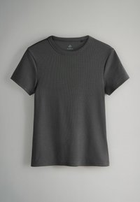 Graues T-Shirt mit kurzen Ärmeln aus weichem Baumwollstoff, mit Rundhalsausschnitt und klassischem, unaufdringlichem Design.