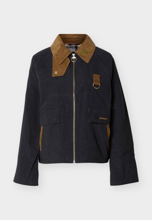 Navy jacket with brown corduroy collar and accents, front zipper, two flap pockets, and a ring detail near the chest.