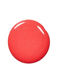 Vernis à ongles rouge vif avec une finition brillante, comportant de petites particules de paillettes fines pour une texture et un éclat supplémentaires. Forme de goutte ronde.