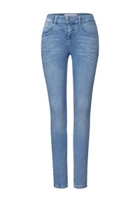 Jeans en denim bleu slim-fit avec un lavage décoloré, design à cinq poches et fermeture à bouton en métal. Dotés de jambes droites et de détails de couture subtils.