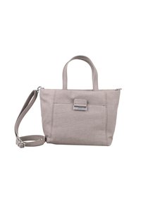 Jasnoszara torba materiałowa z podwójnymi uchwytami, regulowanym paskiem na ramię, kieszenią na przedniej klapie oraz akcentami w kolorze srebrnym.