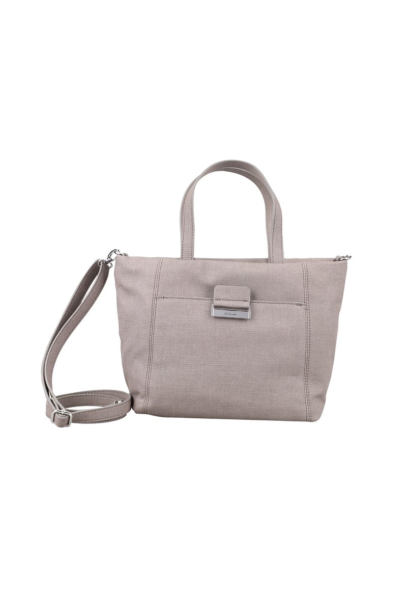 Jasnoszara torba materiałowa z podwójnymi uchwytami, regulowanym paskiem na ramię, kieszenią na przedniej klapie oraz akcentami w kolorze srebrnym.