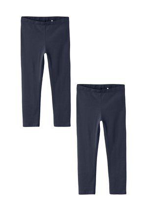 Marineblaue Leggings aus weichem, dehnbarem Material. Enganliegendes Design mit elastischen Taillenbünden. Zwei Paare abgebildet, eines länger als das andere.