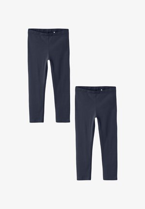 Marineblauwe leggings gemaakt van zachte, rekbare stof. Zet een aansluitend ontwerp met elastische taillebanden. Twee paar weergegeven, waarvan de ene langer is dan de andere.