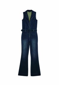 Džínová kombinéza s golierom, bez rukávov, predným zipsom, opaskom v páse, rozšírenými nohavicami a dvoma prednými vreckami. Tmavomodrý umývací efekt s kontrastným šitím.