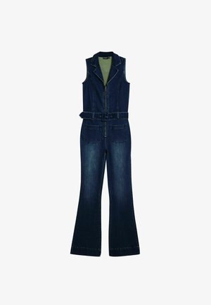Denim-Overall mit Kragen, ärmellosem Design, Reißverschluss vorne, Gürtel in der Taille, ausgestellten Beinen und zwei Vorderleisten. Dunkelblaue Waschung mit Kontrastnähten.