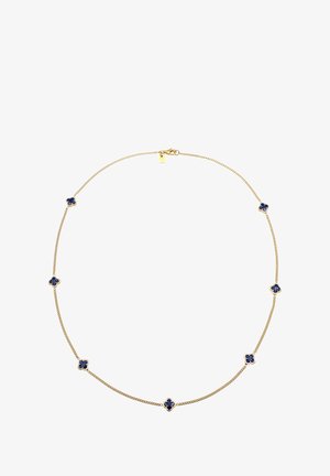 Goldkette mit vier kleeblattförmigen Anhängern, die dunkelblaue Emaille-Zentren haben und gleichmäßig an einem zarten Gliederdesign angeordnet sind.
