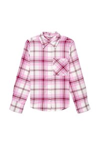 Long-sleeve pink and white plaid button-up shirt with a collar and a single chest pocket on the left side.