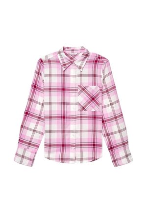 Long-sleeve pink and white plaid button-up shirt with a collar and a single chest pocket on the left side.