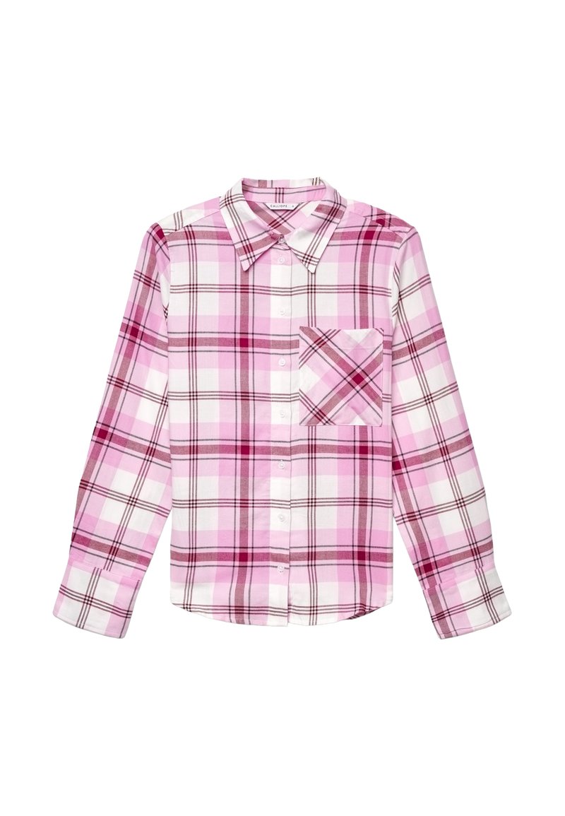 Long-sleeve pink and white plaid button-up shirt with a collar and a single chest pocket on the left side.