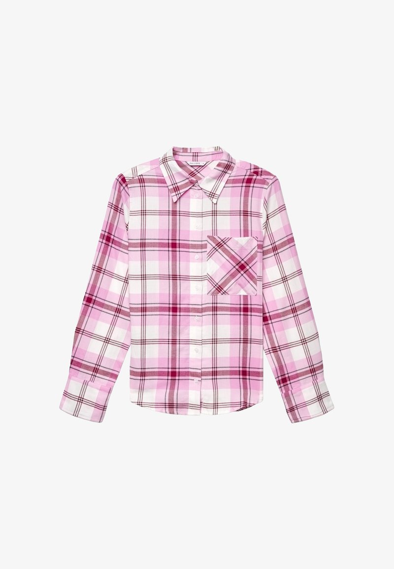 Long-sleeve pink and white plaid button-up shirt with a collar and a single chest pocket on the left side.